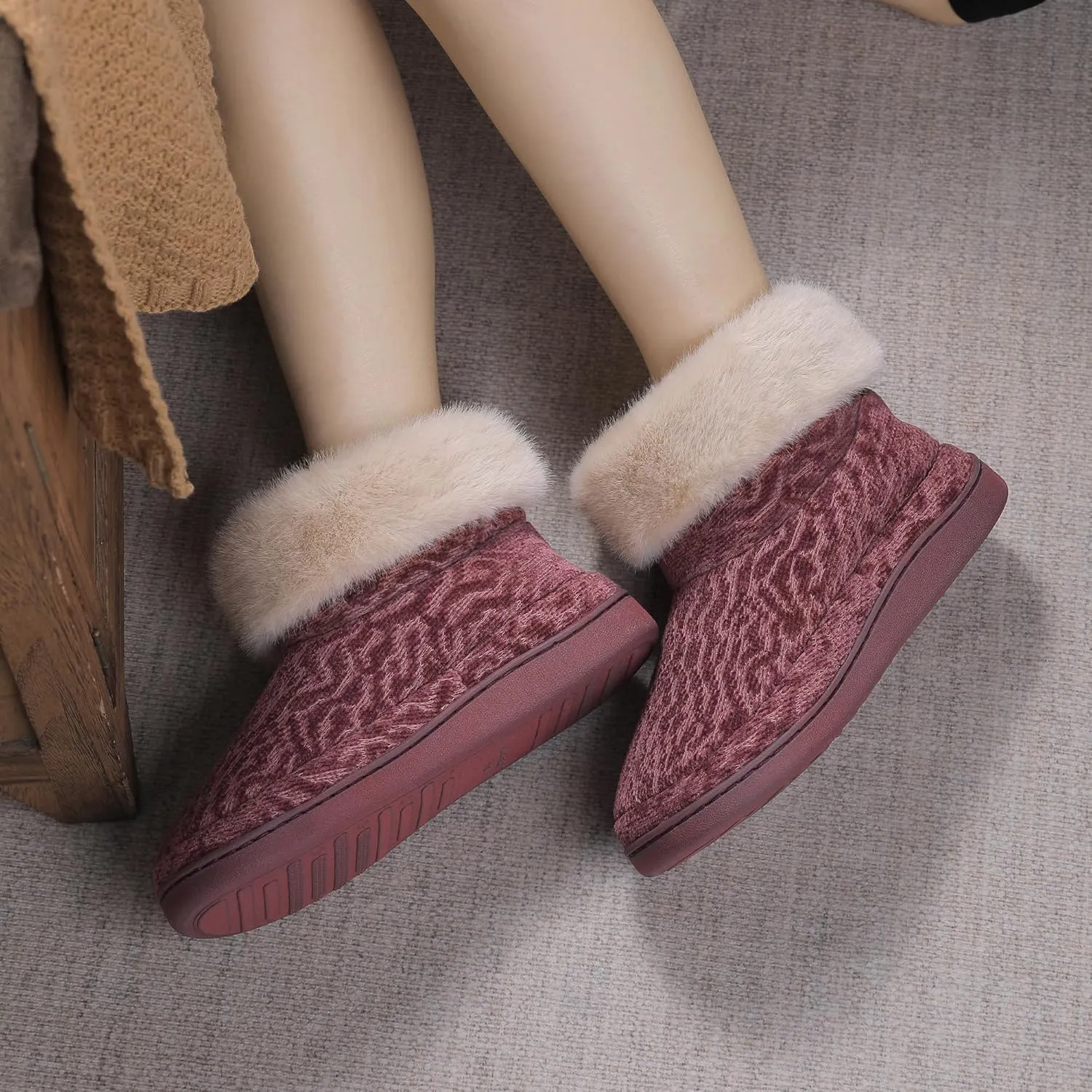 Bigwow Women's Bootie Slippers Fuzzy Lined Knit Ankle Boots Cozy House Slipper Non-Slip Warm Indoor Outdoor Booties Shoes with Plush Collar