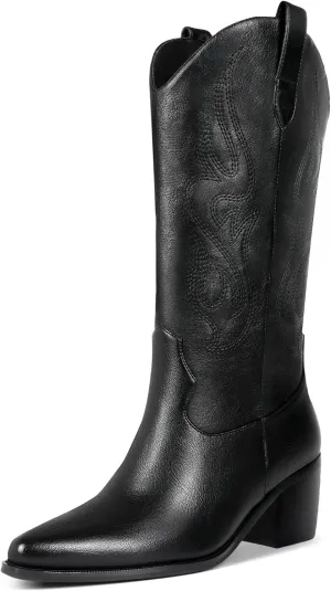 Black Cowboy Boots for Women Knee High - Women's Tall Embroidered Cowboy Boots Chunky Heel Pointed Toe Western Country Boots