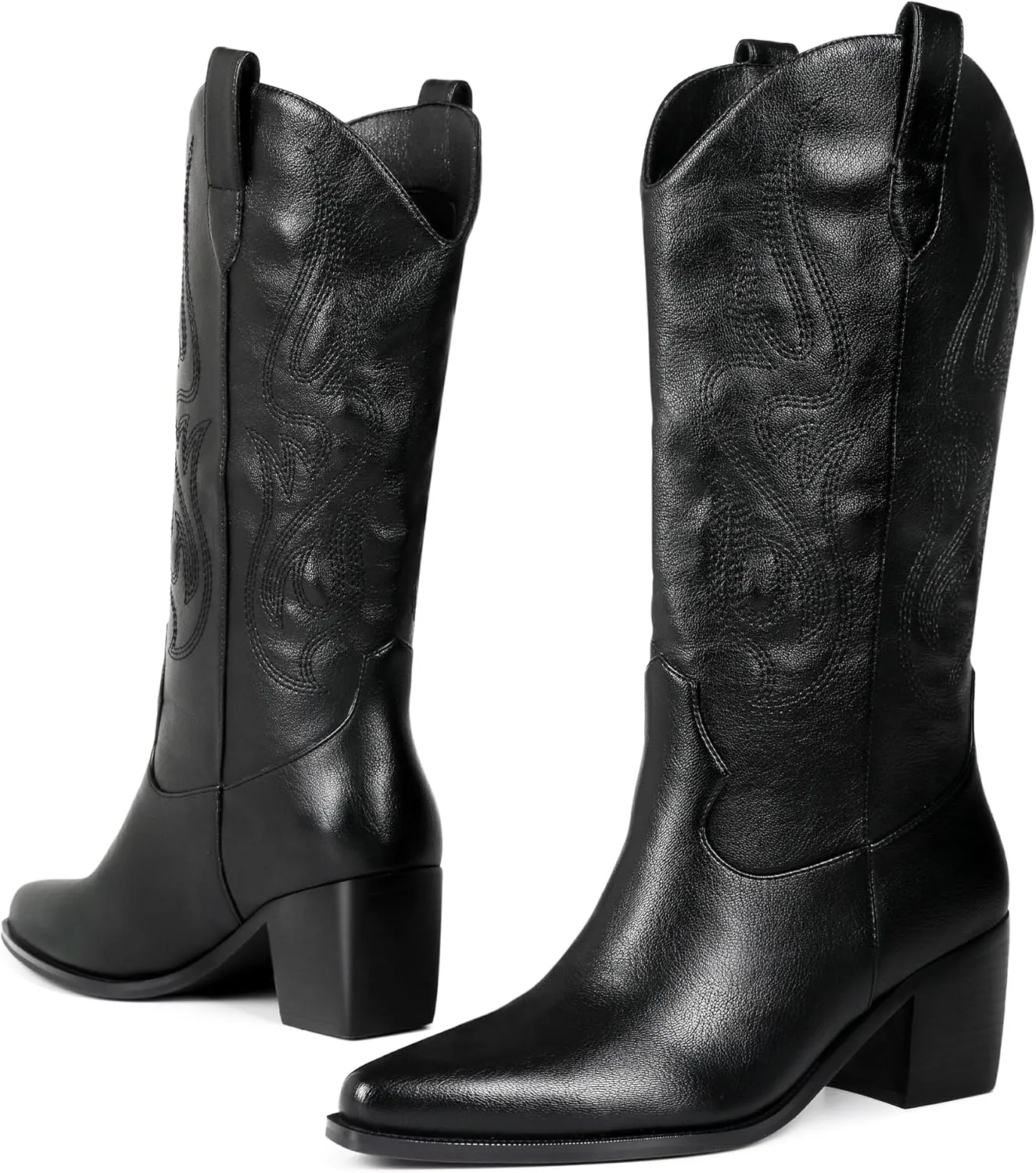 Black Cowboy Boots for Women Knee High - Women's Tall Embroidered Cowboy Boots Chunky Heel Pointed Toe Western Country Boots