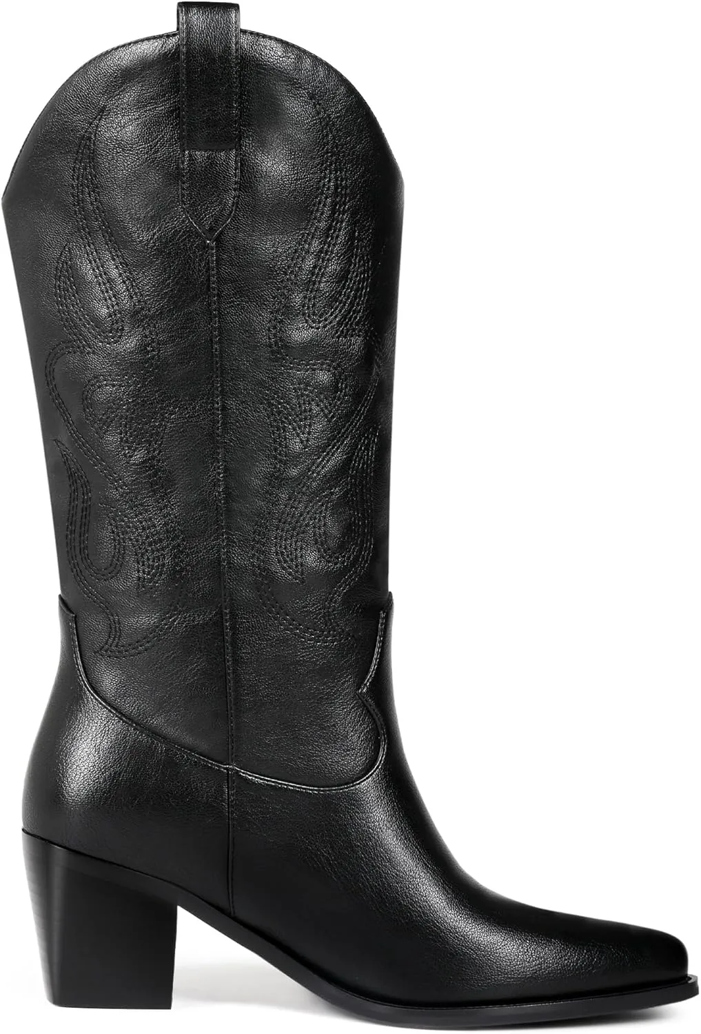 Black Cowboy Boots for Women Knee High - Women's Tall Embroidered Cowboy Boots Chunky Heel Pointed Toe Western Country Boots