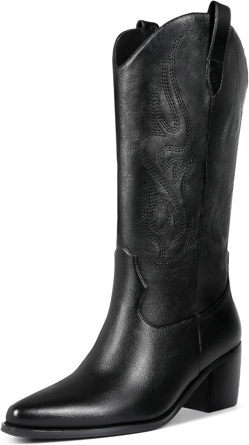 Black Cowboy Boots for Women Knee High - Women's Tall Embroidered Cowboy Boots Chunky Heel Pointed Toe Western Country Boots