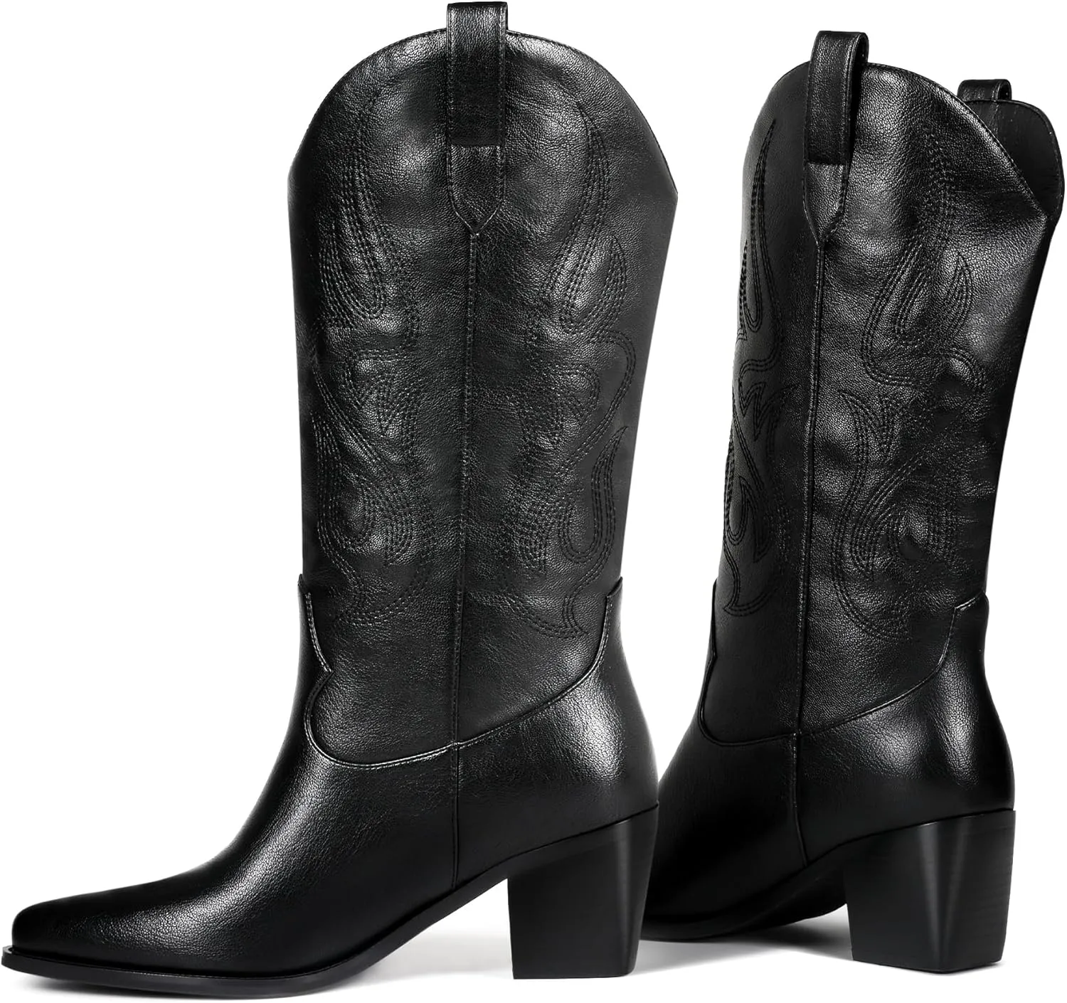 Black Cowboy Boots for Women Knee High - Women's Tall Embroidered Cowboy Boots Chunky Heel Pointed Toe Western Country Boots