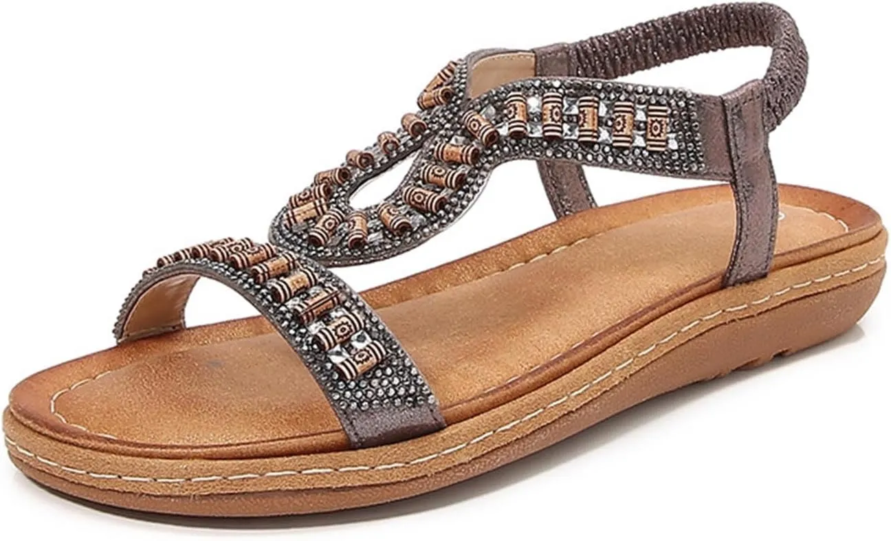 Bohemian Sandals for Women Flat Sandal Elastic Ankle Strap Dressy Casual Summer Shoes Hiking Wortout Shoe Beach