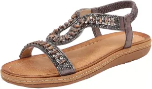 Bohemian Sandals for Women Flat Sandal Elastic Ankle Strap Dressy Casual Summer Shoes Hiking Wortout Shoe Beach