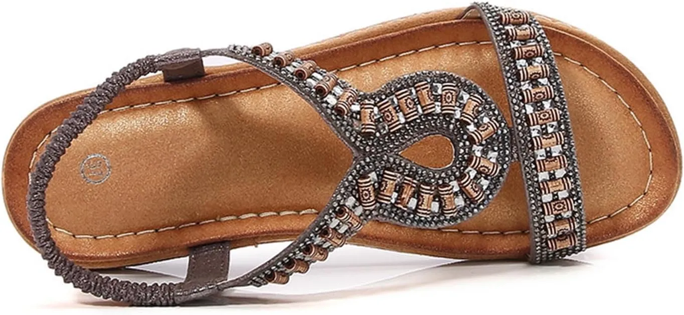 Bohemian Sandals for Women Flat Sandal Elastic Ankle Strap Dressy Casual Summer Shoes Hiking Wortout Shoe Beach
