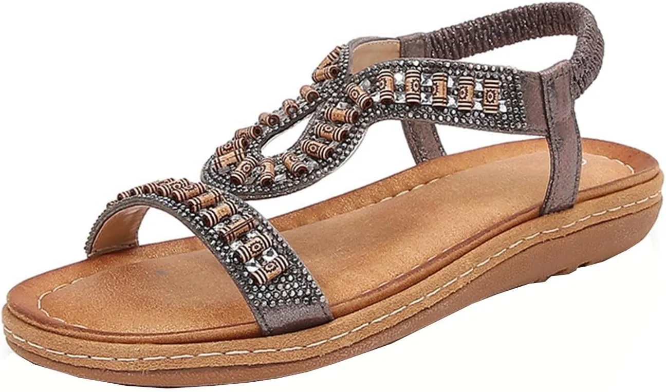 Bohemian Sandals for Women Flat Sandal Elastic Ankle Strap Dressy Casual Summer Shoes Hiking Wortout Shoe Beach