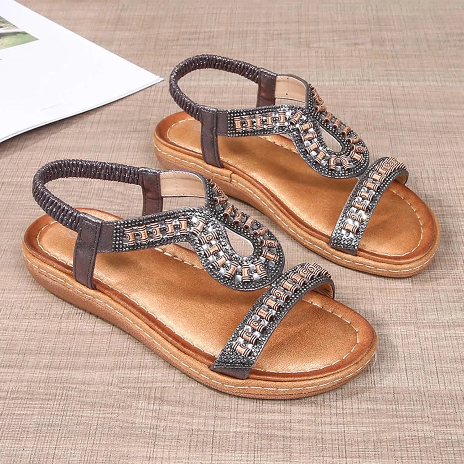 Bohemian Sandals for Women Flat Sandal Elastic Ankle Strap Dressy Casual Summer Shoes Hiking Wortout Shoe Beach