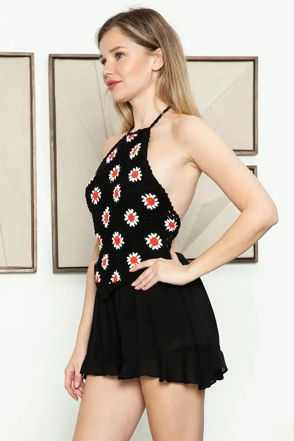 Boho Floral Halter Crochet Sleeveless Romper