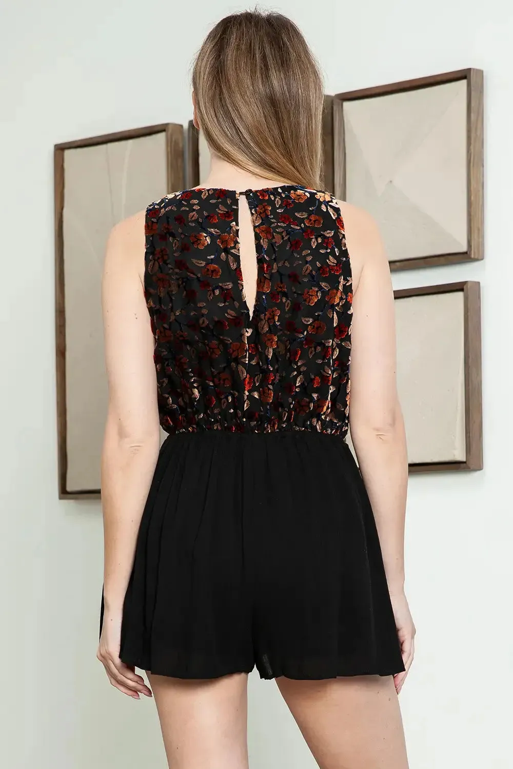 Boho Floral Velvet Open Back Sleeveless Wrap Romper