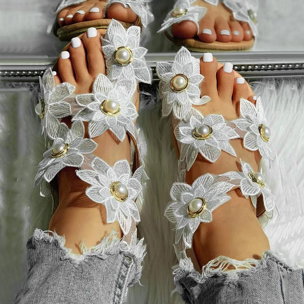 Boho Sandals for Women Rhinestone Pearl Lace Flower Shoes Clip Toe Strappy Beach Flat Shoes for Wedding Bride Bridesmaid