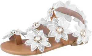 Boho Sandals for Women Rhinestone Pearl Lace Flower Shoes Clip Toe Strappy Beach Flat Shoes for Wedding Bride Bridesmaid