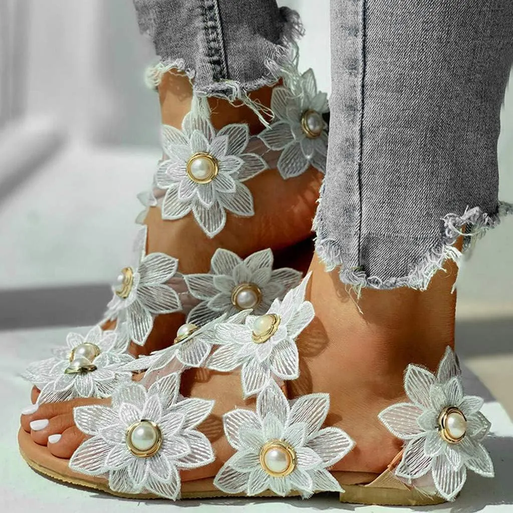 Boho Sandals for Women Rhinestone Pearl Lace Flower Shoes Clip Toe Strappy Beach Flat Shoes for Wedding Bride Bridesmaid