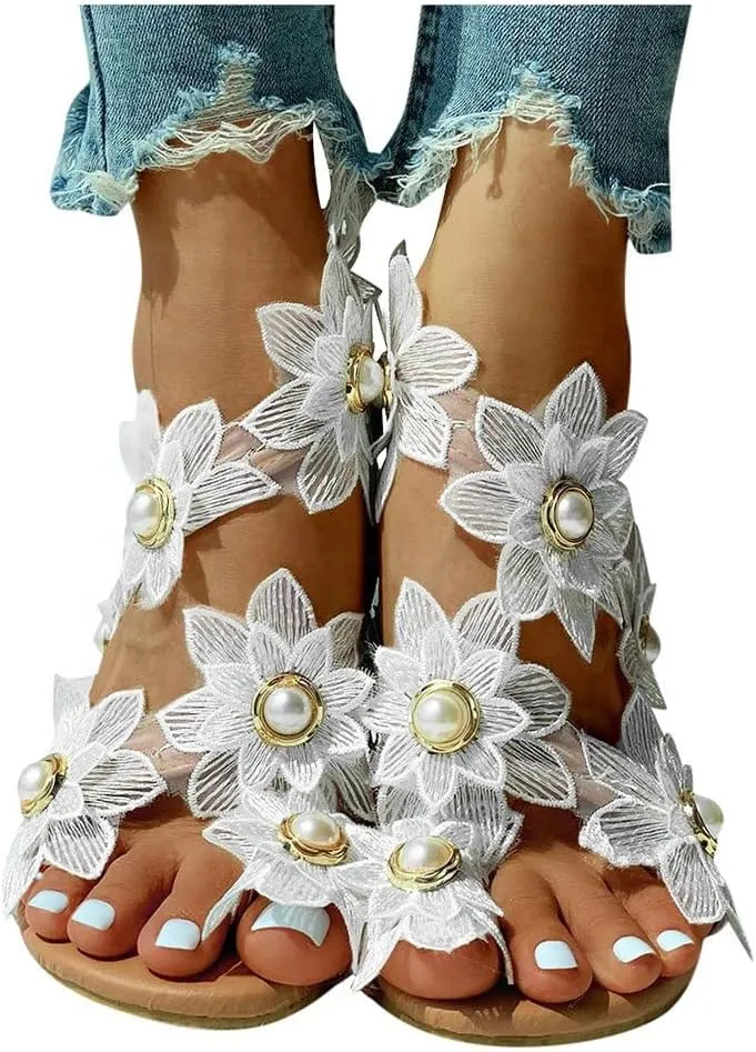 Boho Sandals for Women Rhinestone Pearl Lace Flower Shoes Clip Toe Strappy Beach Flat Shoes for Wedding Bride Bridesmaid