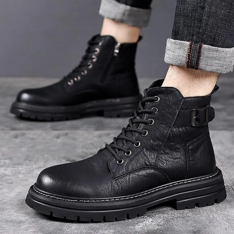 Boots Winter Warm Vintage Men Oxfords Shoes Wild Round Snow Boots Hand Stitching Sneakers Shoes Men's High Top Work Leather Shoes