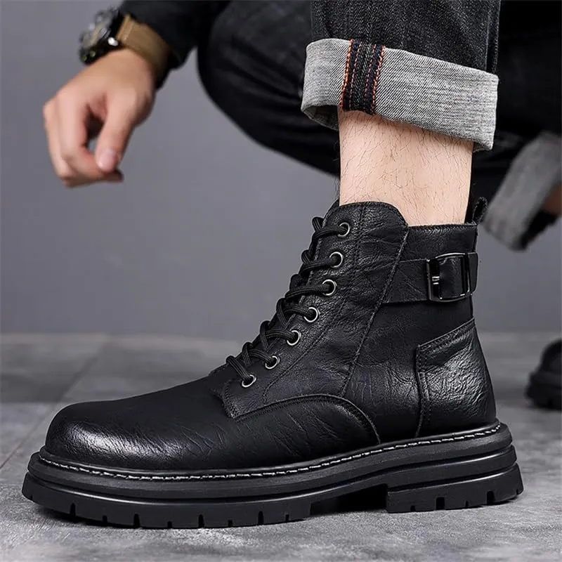 Boots Winter Warm Vintage Men Oxfords Shoes Wild Round Snow Boots Hand Stitching Sneakers Shoes Men's High Top Work Leather Shoes