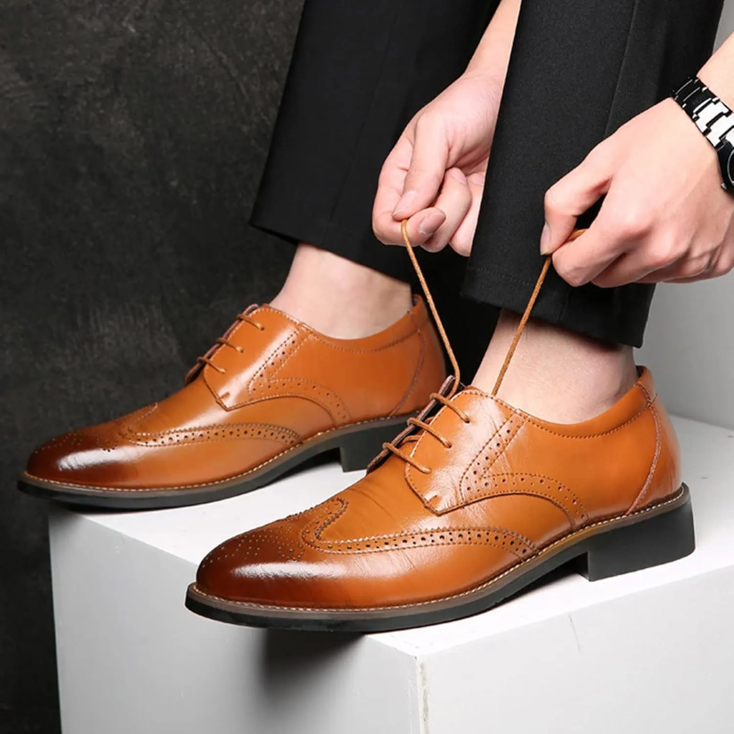 BORAMAX Mens Black Dress Shoes Spring Summer Lace-Up Formal Shoes PU Business Style Men's Fashion Dress Oxford Shoes Black