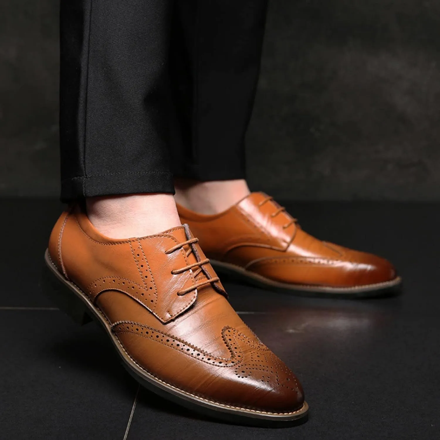 BORAMAX Mens Black Dress Shoes Spring Summer Lace-Up Formal Shoes PU Business Style Men's Fashion Dress Oxford Shoes Black