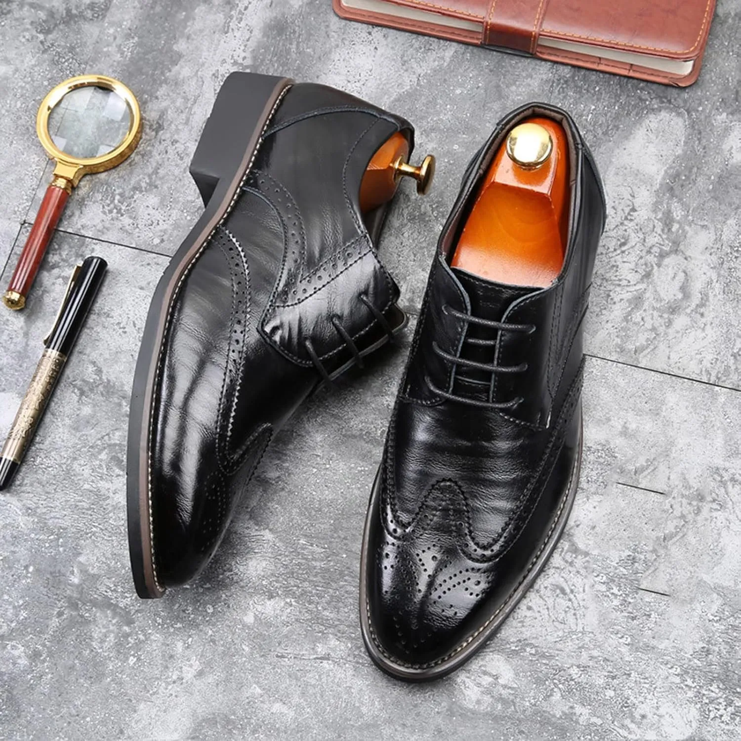 BORAMAX Mens Black Dress Shoes Spring Summer Lace-Up Formal Shoes PU Business Style Men's Fashion Dress Oxford Shoes Black