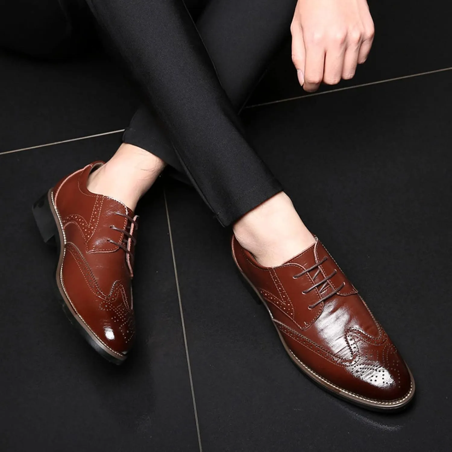 BORAMAX Mens Black Dress Shoes Spring Summer Lace-Up Formal Shoes PU Business Style Men's Fashion Dress Oxford Shoes Black