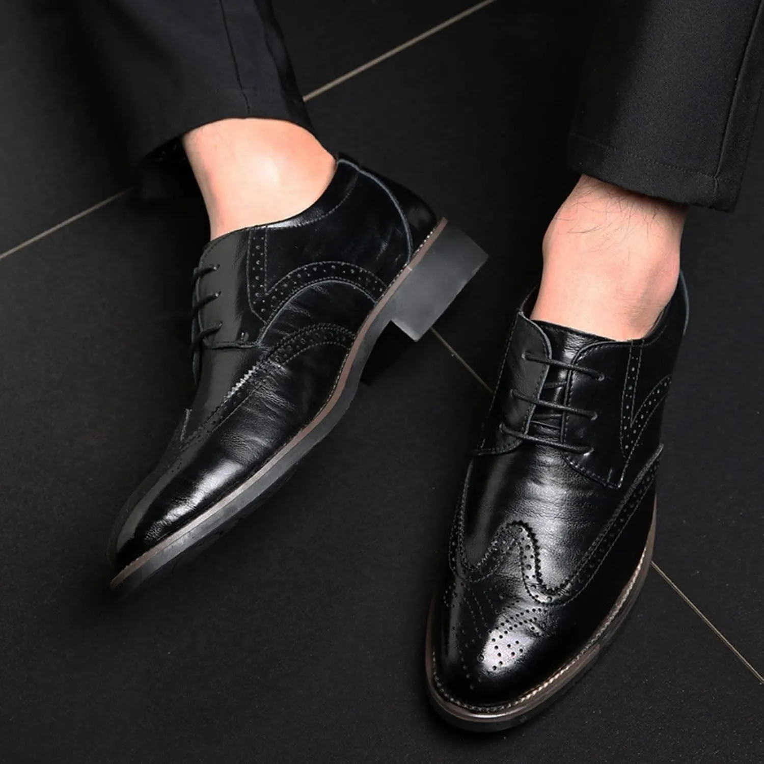 BORAMAX Mens Black Dress Shoes Spring Summer Lace-Up Formal Shoes PU Business Style Men's Fashion Dress Oxford Shoes Black