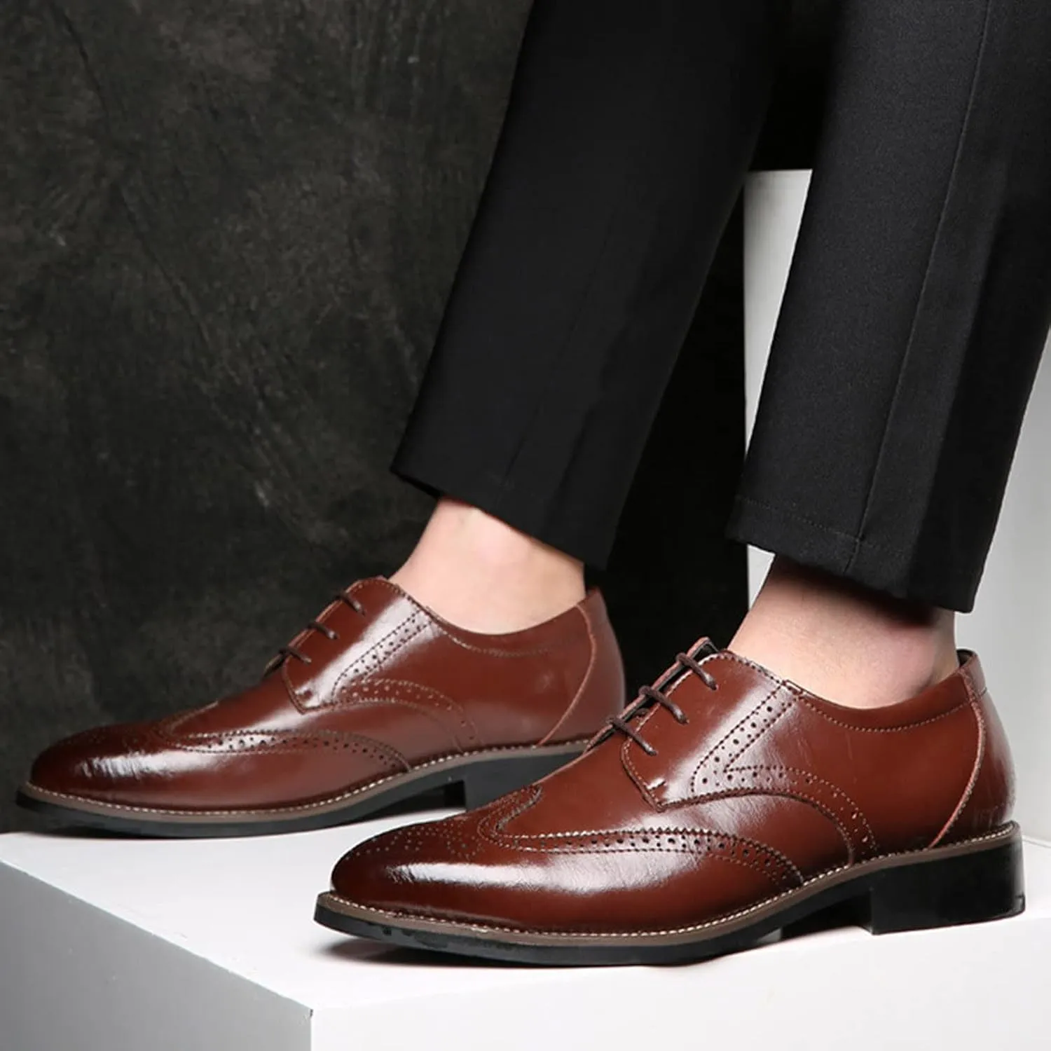 BORAMAX Mens Black Dress Shoes Spring Summer Lace-Up Formal Shoes PU Business Style Men's Fashion Dress Oxford Shoes Black