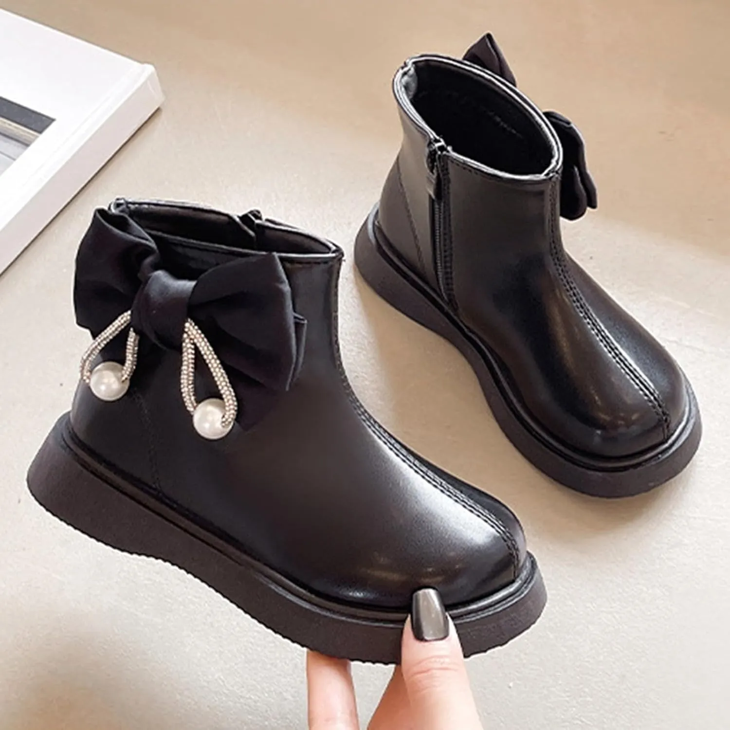 Bow Leather Booties For Girls Kids Outdoor 𝐖aterproof Dress Dance Boots Shoes Toddler Flat Soft Non Slip Shoes Comfy