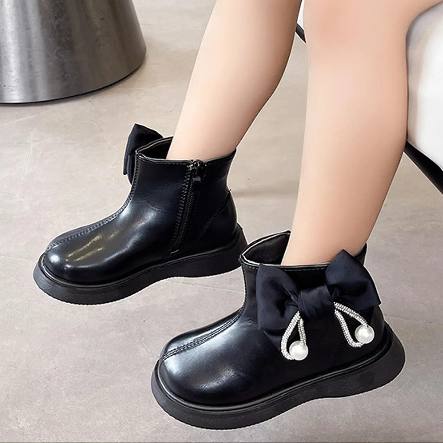 Bow Leather Booties For Girls Kids Outdoor 𝐖aterproof Dress Dance Boots Shoes Toddler Flat Soft Non Slip Shoes Comfy