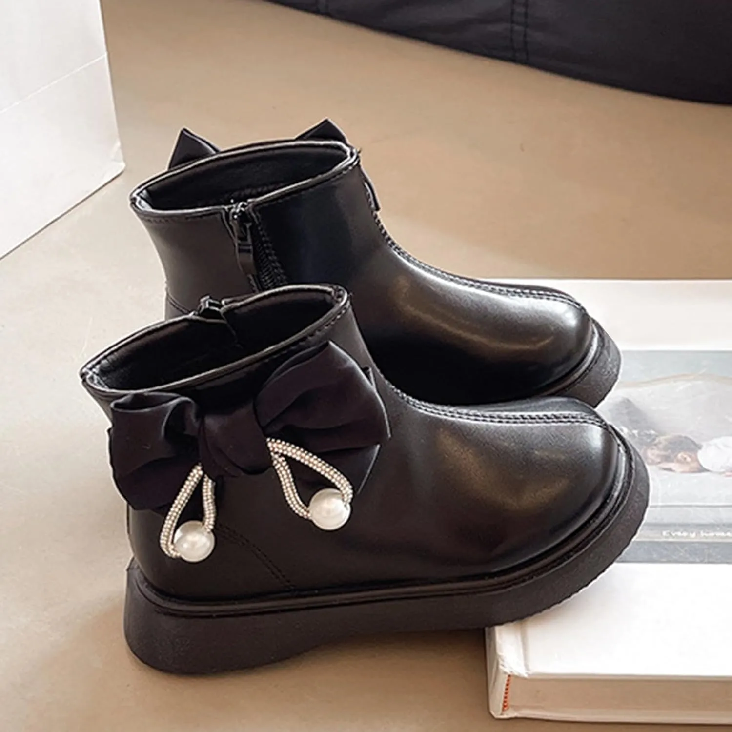 Bow Leather Booties For Girls Kids Outdoor 𝐖aterproof Dress Dance Boots Shoes Toddler Flat Soft Non Slip Shoes Comfy