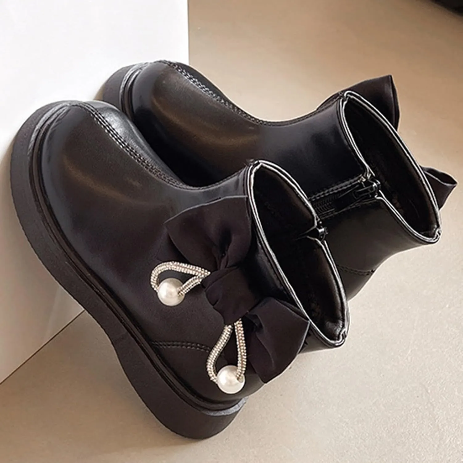 Bow Leather Booties For Girls Kids Outdoor 𝐖aterproof Dress Dance Boots Shoes Toddler Flat Soft Non Slip Shoes Comfy