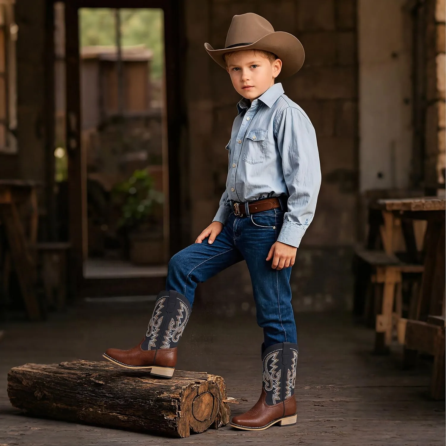 Boys Cowboy Boots Toddler Girls Cowgirl Boots Little Big Kid Western Glitter Square Toe Embroidered Riding Shoes Child Mid Calf Pull On Low Heel