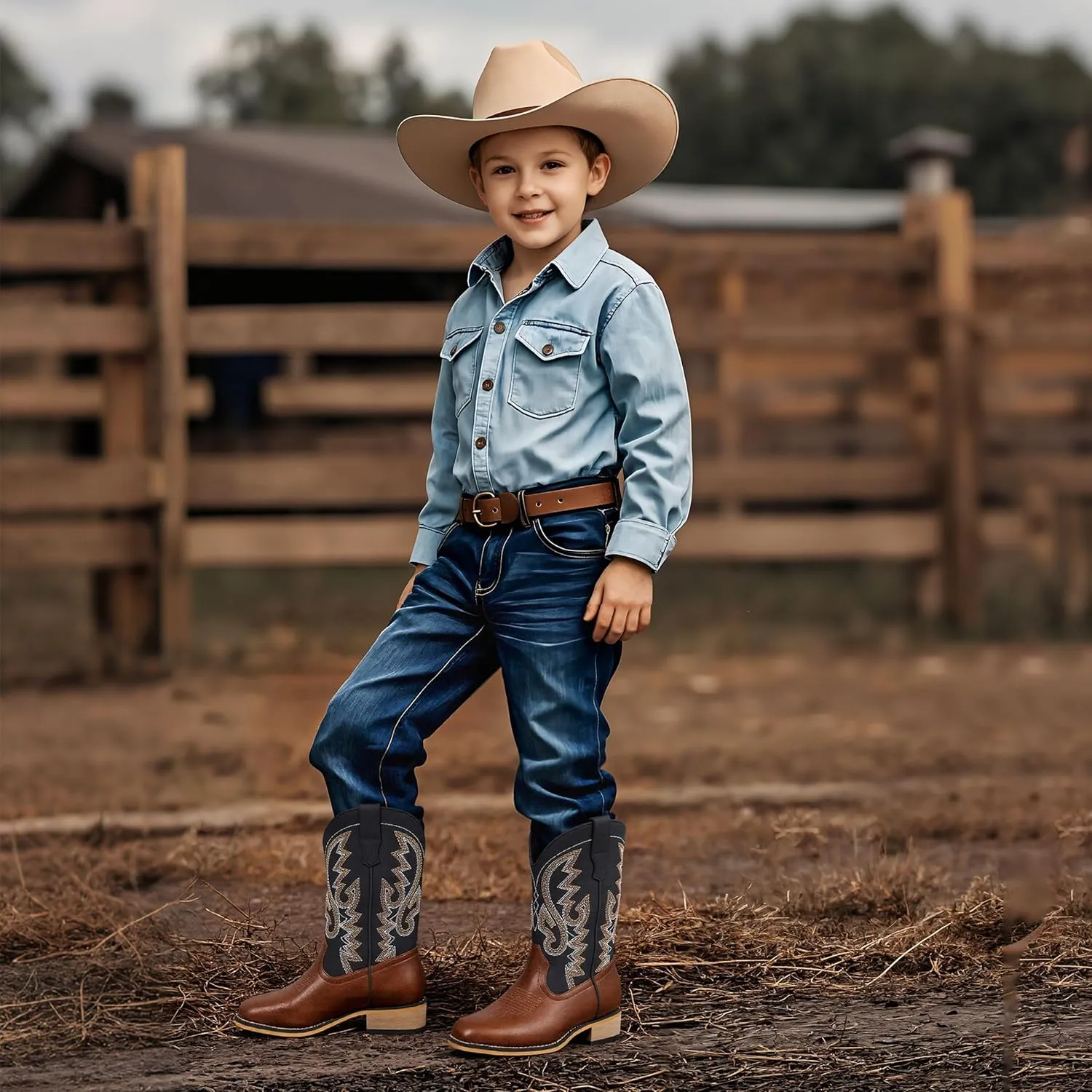 Boys Cowboy Boots Toddler Girls Cowgirl Boots Little Big Kid Western Glitter Square Toe Embroidered Riding Shoes Child Mid Calf Pull On Low Heel