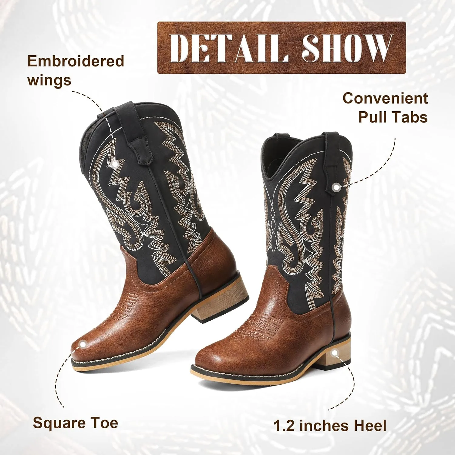 Boys Cowboy Boots Toddler Girls Cowgirl Boots Little Big Kid Western Glitter Square Toe Embroidered Riding Shoes Child Mid Calf Pull On Low Heel