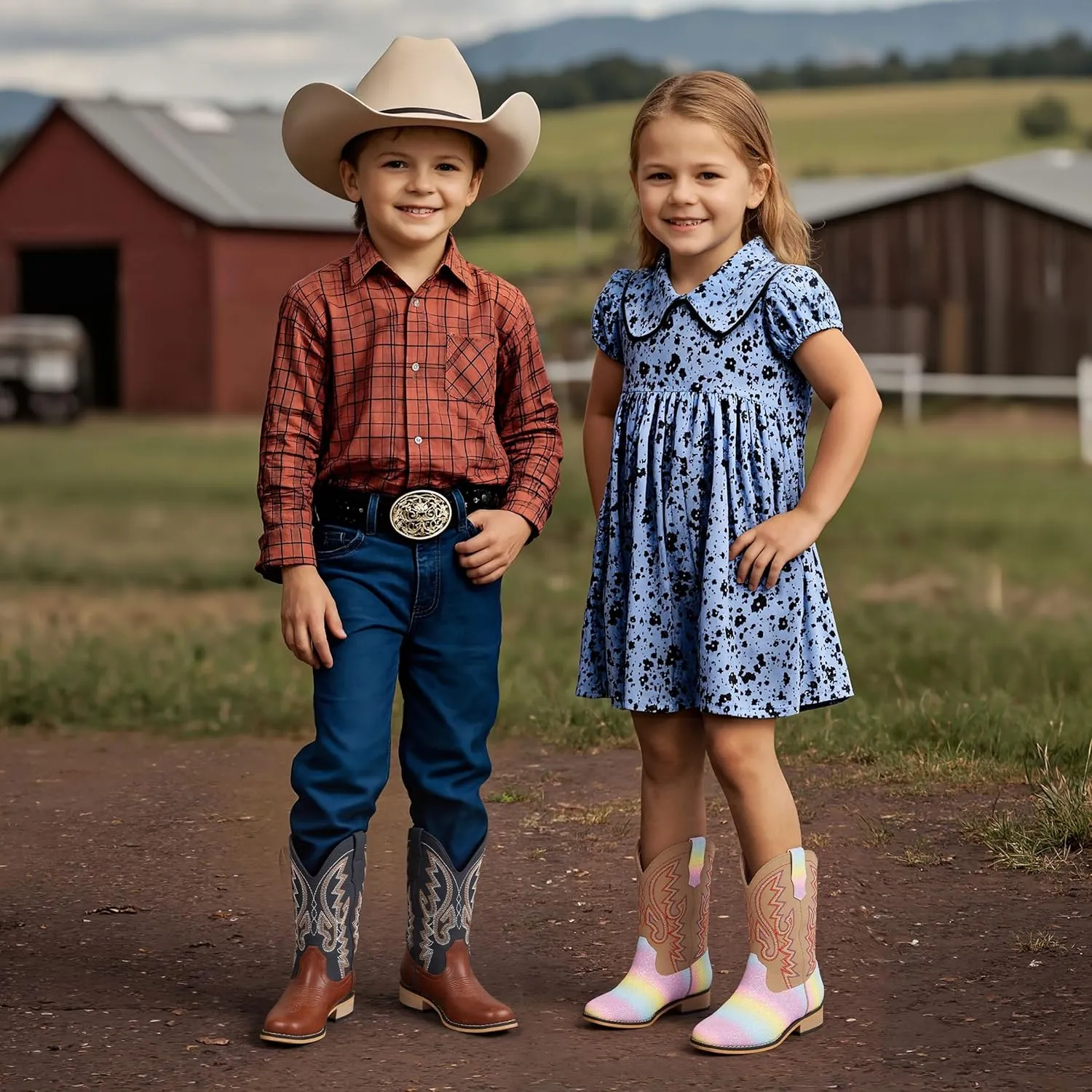 Boys Cowboy Boots Toddler Girls Cowgirl Boots Little Big Kid Western Glitter Square Toe Embroidered Riding Shoes Child Mid Calf Pull On Low Heel