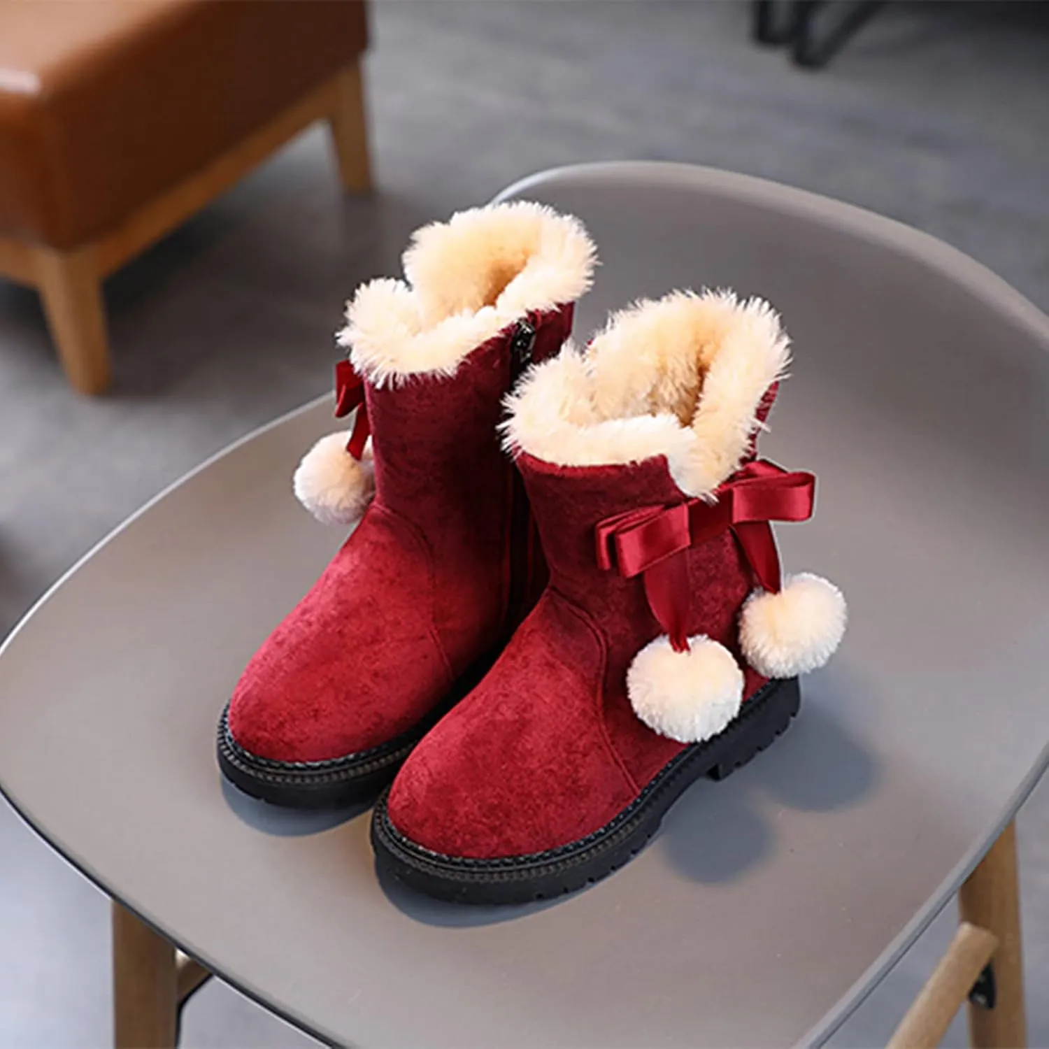 Boys F𝐮r Lined Boots Toddler Baby Girls Winter Warm Furry Plush Snow Booties Cozy Slip On With Zipper Flat Shoes