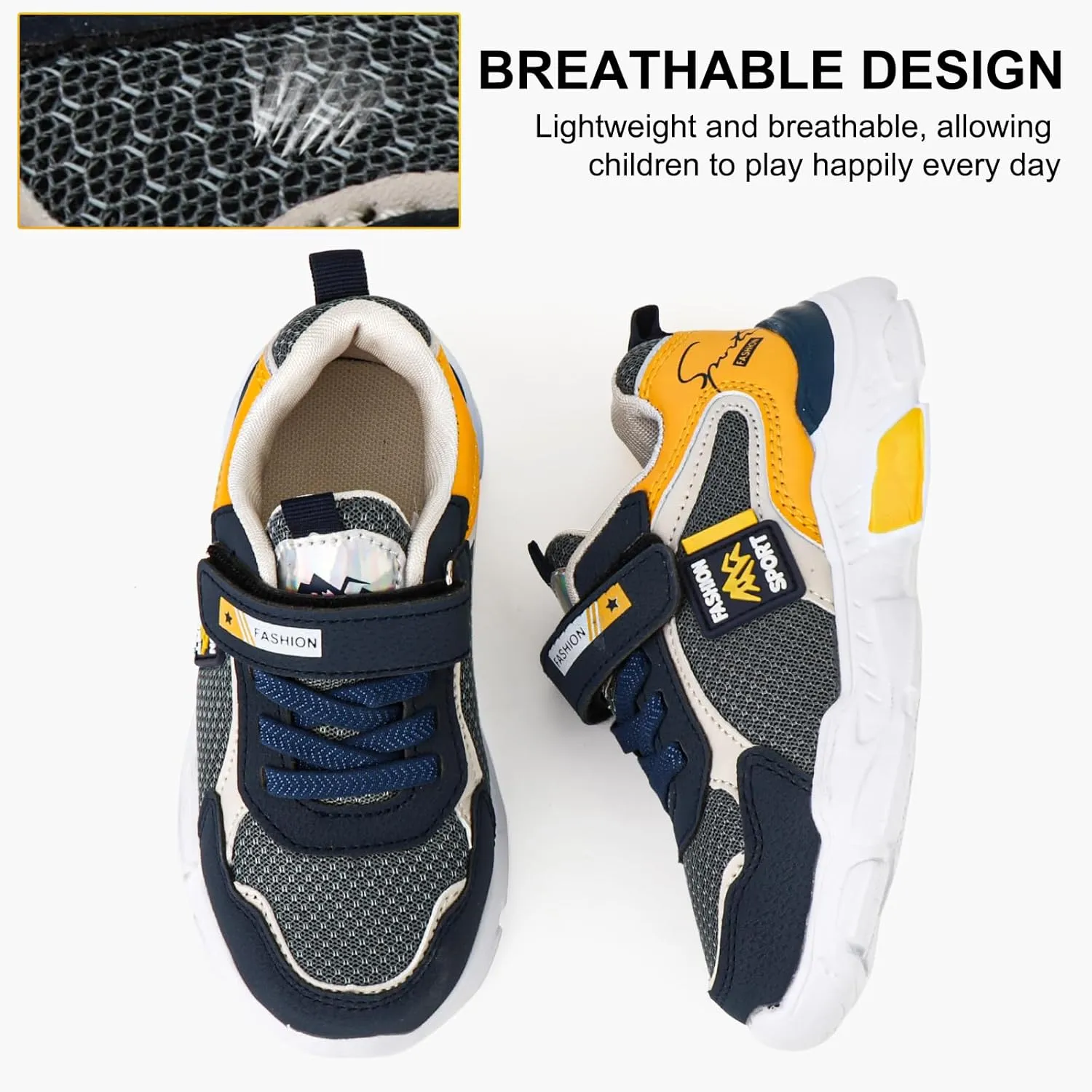Boy's Mesh Breathable Running Shoes, Lightweight, Hook & Loop,Comfy Anti-Skid Breathable Sneakers for Kids Outdoor Activities