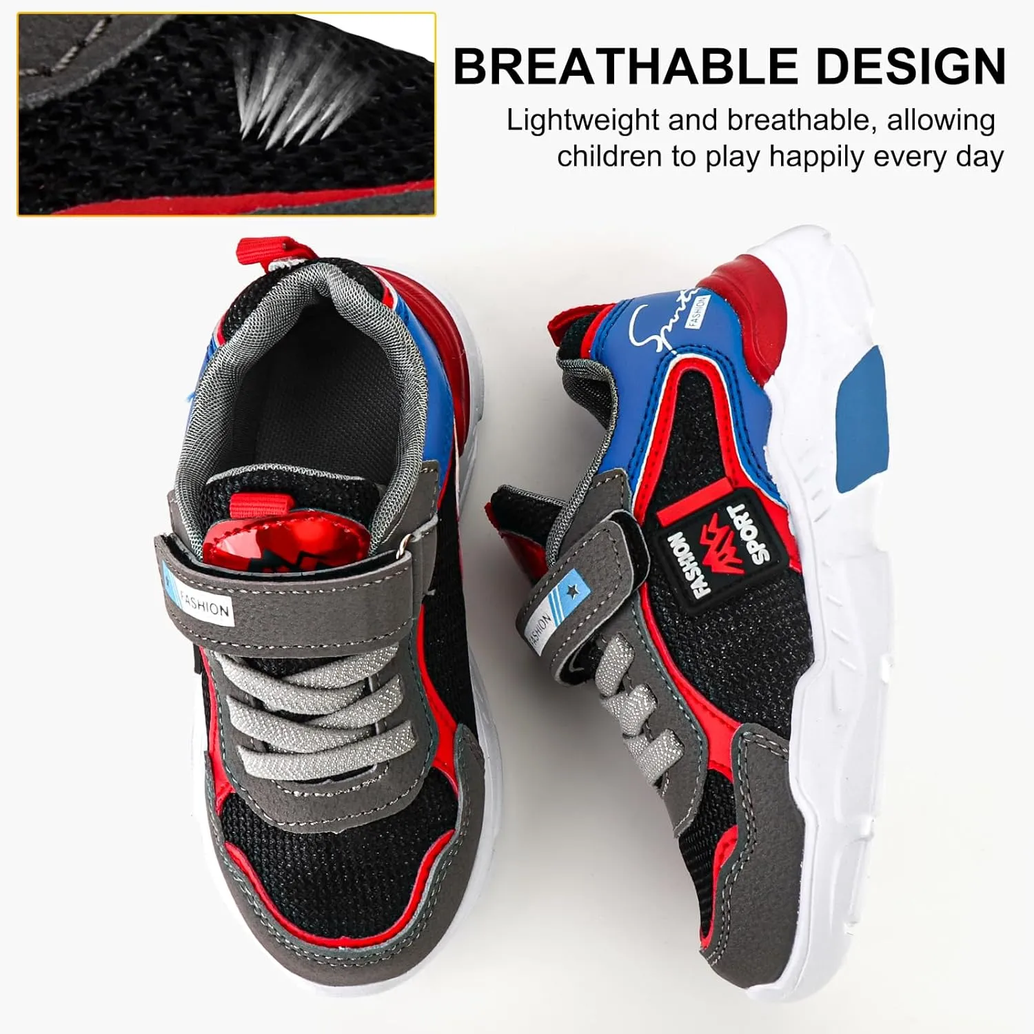 Boy's Mesh Breathable Running Shoes, Lightweight, Hook & Loop,Comfy Anti-Skid Breathable Sneakers for Kids Outdoor Activities