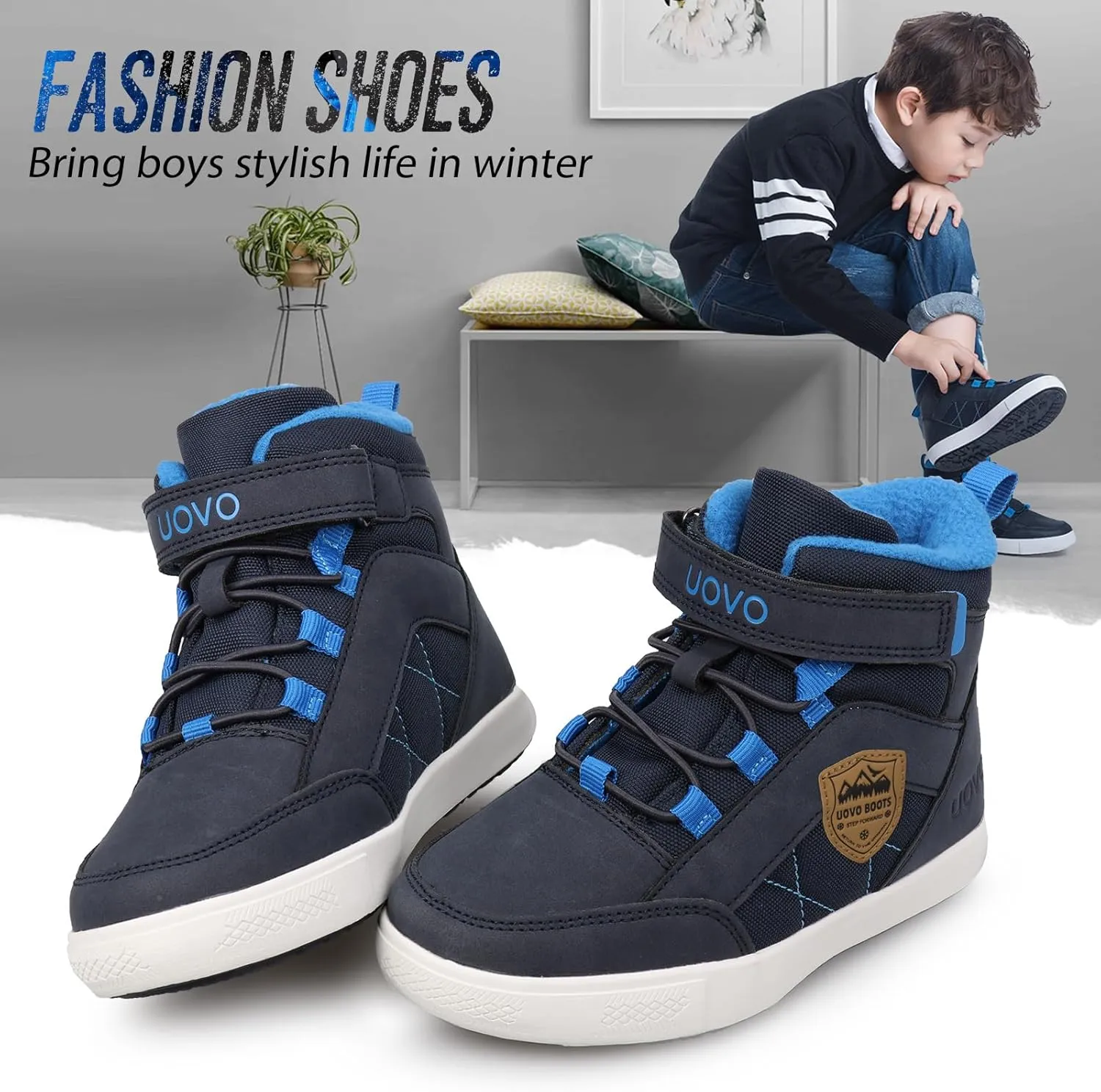 Boys Snow Fashion Boots Winter Waterproof Slip Resistant Fur Lined Outdoor Ankle Walking Sports Shoes (Toddler/Little Kid/Big Kid)