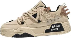 Breathable Vintage Preppy Men's Fashion Sneakers - Solid Color Low Top Lace-Up Casual Shoes - PU Upper, Fabric Inner, Rubber Sole, Round Toe, Non-Slip, Durable for Spring/Fall (Khaki,9.5)