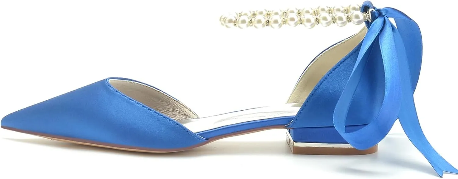 Bride Pointed Toe Flats Women Satin Pearls Wedding Flats Shoes Prom Evening Bridal Party Dress Flats 2.5Cm