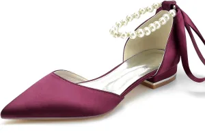 Bride Pointed Toe Flats Women Satin Pearls Wedding Flats Shoes Prom Evening Bridal Party Dress Flats 2.5Cm