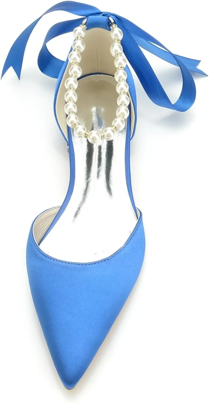Bride Pointed Toe Flats Women Satin Pearls Wedding Flats Shoes Prom Evening Bridal Party Dress Flats 2.5Cm