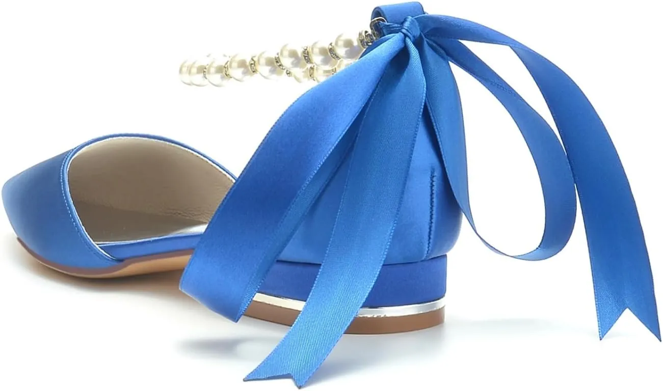 Bride Pointed Toe Flats Women Satin Pearls Wedding Flats Shoes Prom Evening Bridal Party Dress Flats 2.5Cm