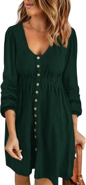 BTFBM Women 2025 Casual Button Down Summer Spring Dresses Long Sleeve Crew Neck Solid High Waist Short Tunic Mini Dress