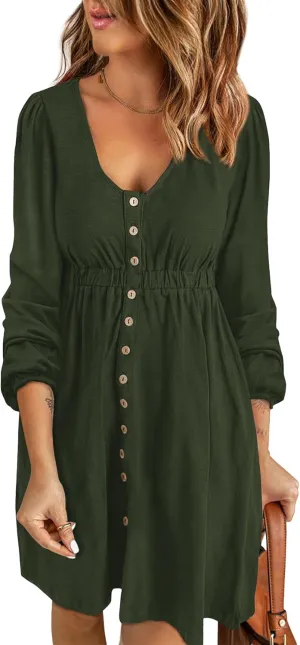 BTFBM Women 2025 Casual Button Down Summer Spring Dresses Long Sleeve Crew Neck Solid High Waist Short Tunic Mini Dress