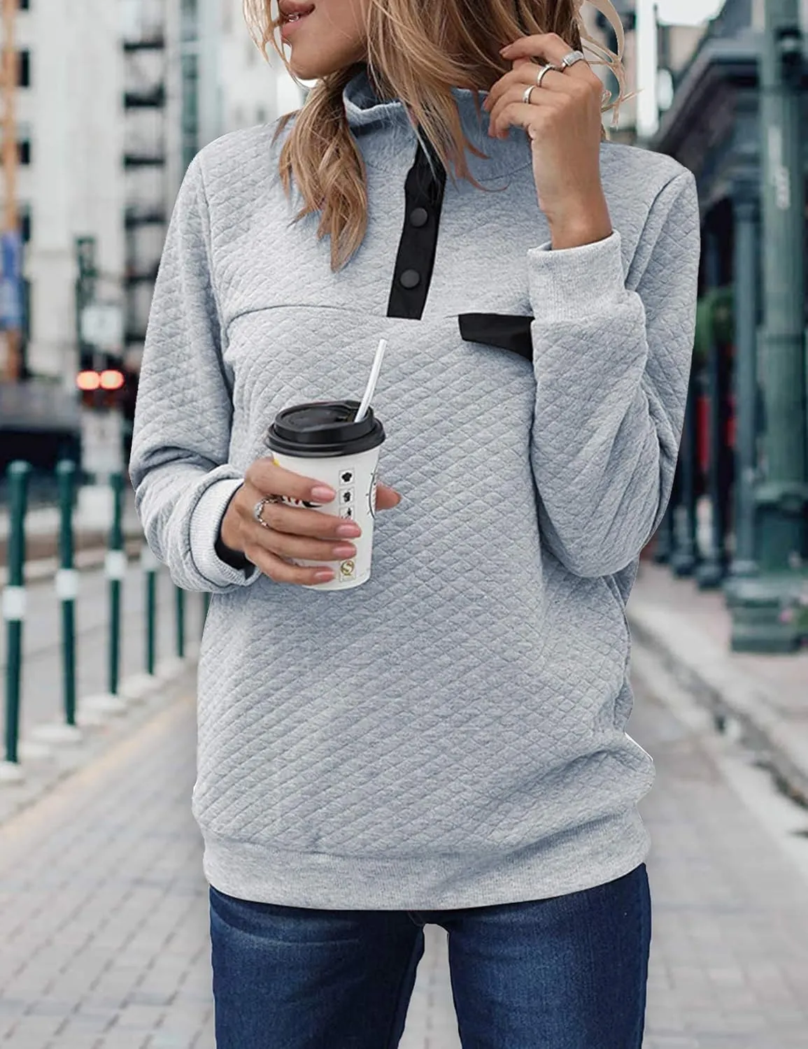 BTFBM Women Fashion Quilted Pattern Lightweight Zipper Long Sleeve Plain Casual Ladies Sweatshirts Pullovers Shirts Tops