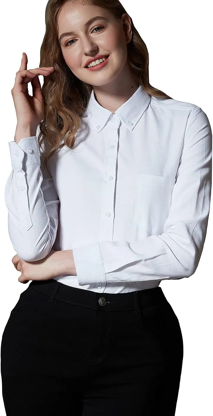 Button Up Shirt Women Long Sleeve Oxford Shirt Classic-Fit Cotton Work Blouse Wrinkle Resistant