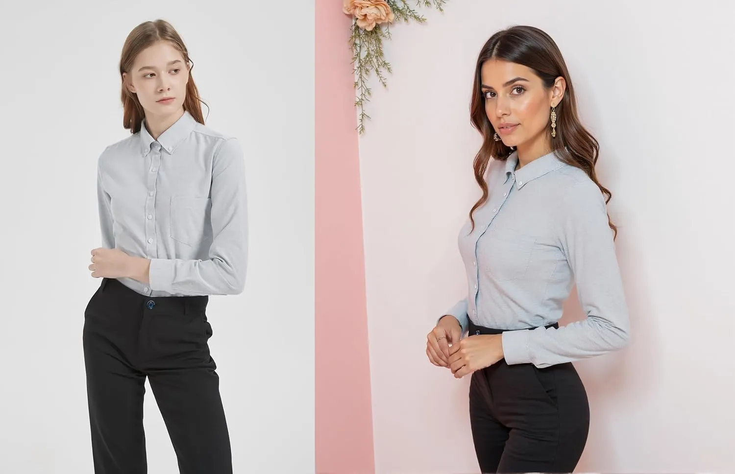 Button Up Shirt Women Long Sleeve Oxford Shirt Classic-Fit Cotton Work Blouse Wrinkle Resistant