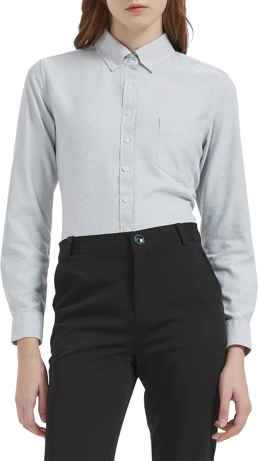 Button Up Shirt Women Long Sleeve Oxford Shirt Classic-Fit Cotton Work Blouse Wrinkle Resistant