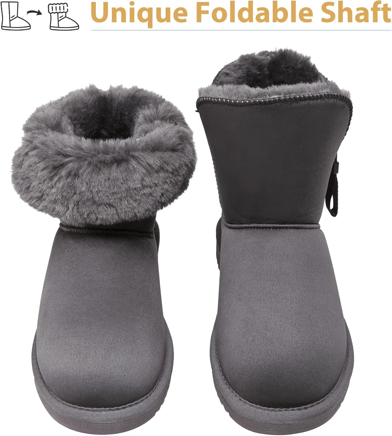 CAMEL CROWN Women's Foldable Snow Boots Warm Fur Winter Boots Mid-Calf Zipper House Slippers Boots Classic Mini Short Boots for Outdoor