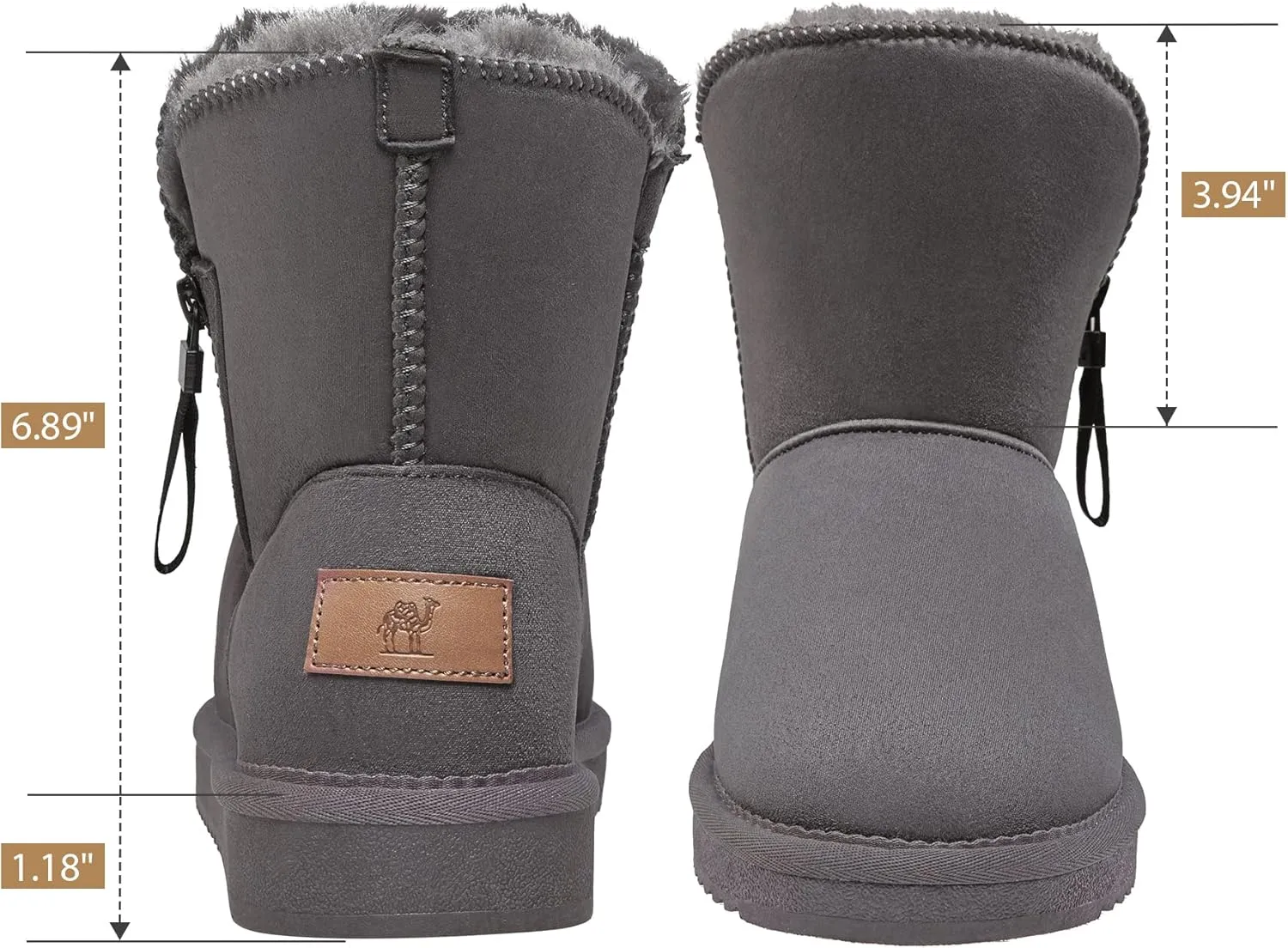 CAMEL CROWN Women's Foldable Snow Boots Warm Fur Winter Boots Mid-Calf Zipper House Slippers Boots Classic Mini Short Boots for Outdoor